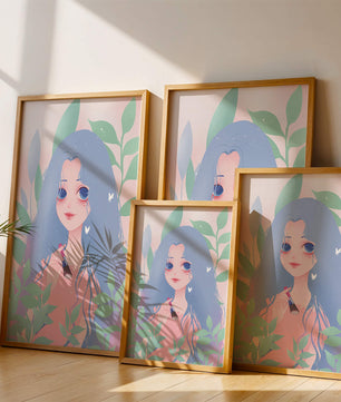 Illustration of a blue-haired girl surrounded by greenery