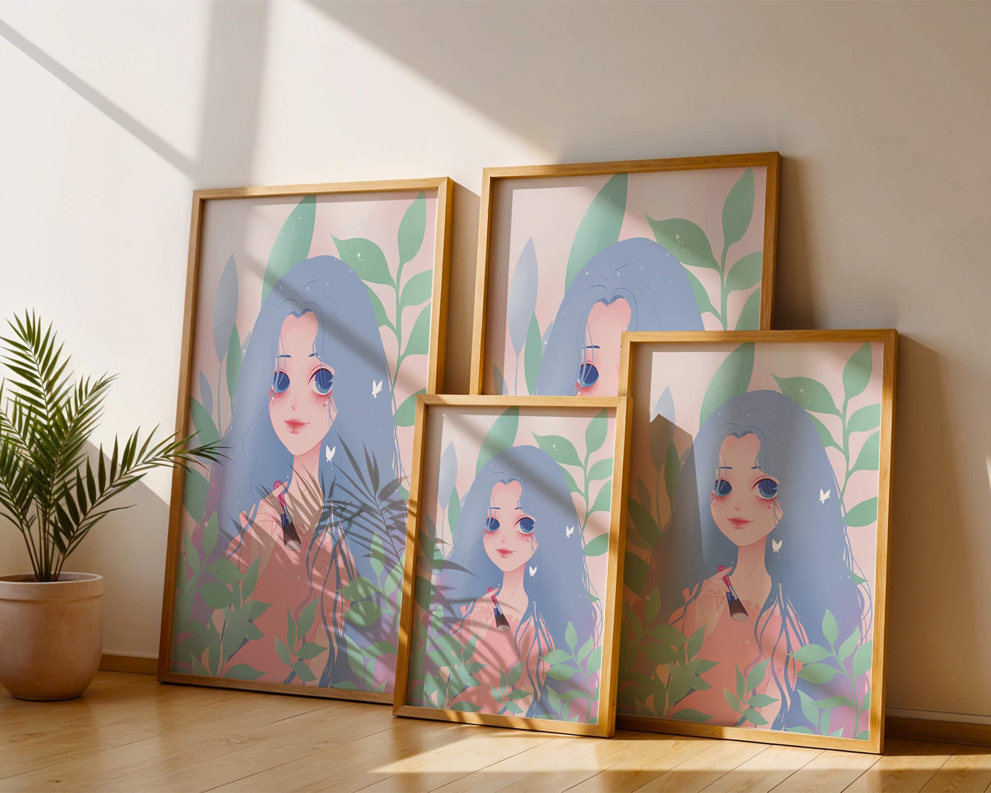 Illustration of a blue-haired girl surrounded by greenery
