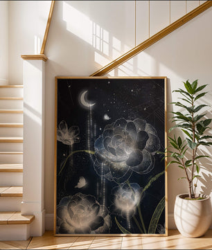 Fleur nocturne avec floraisons au clair de lune et papillon illuminé
