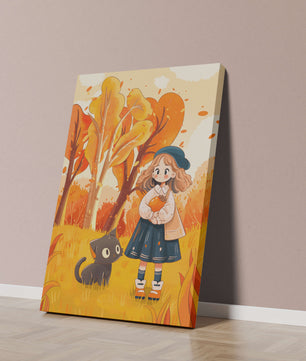 Girl with Cute Cat in Autumn Forest with Colorful Leaves