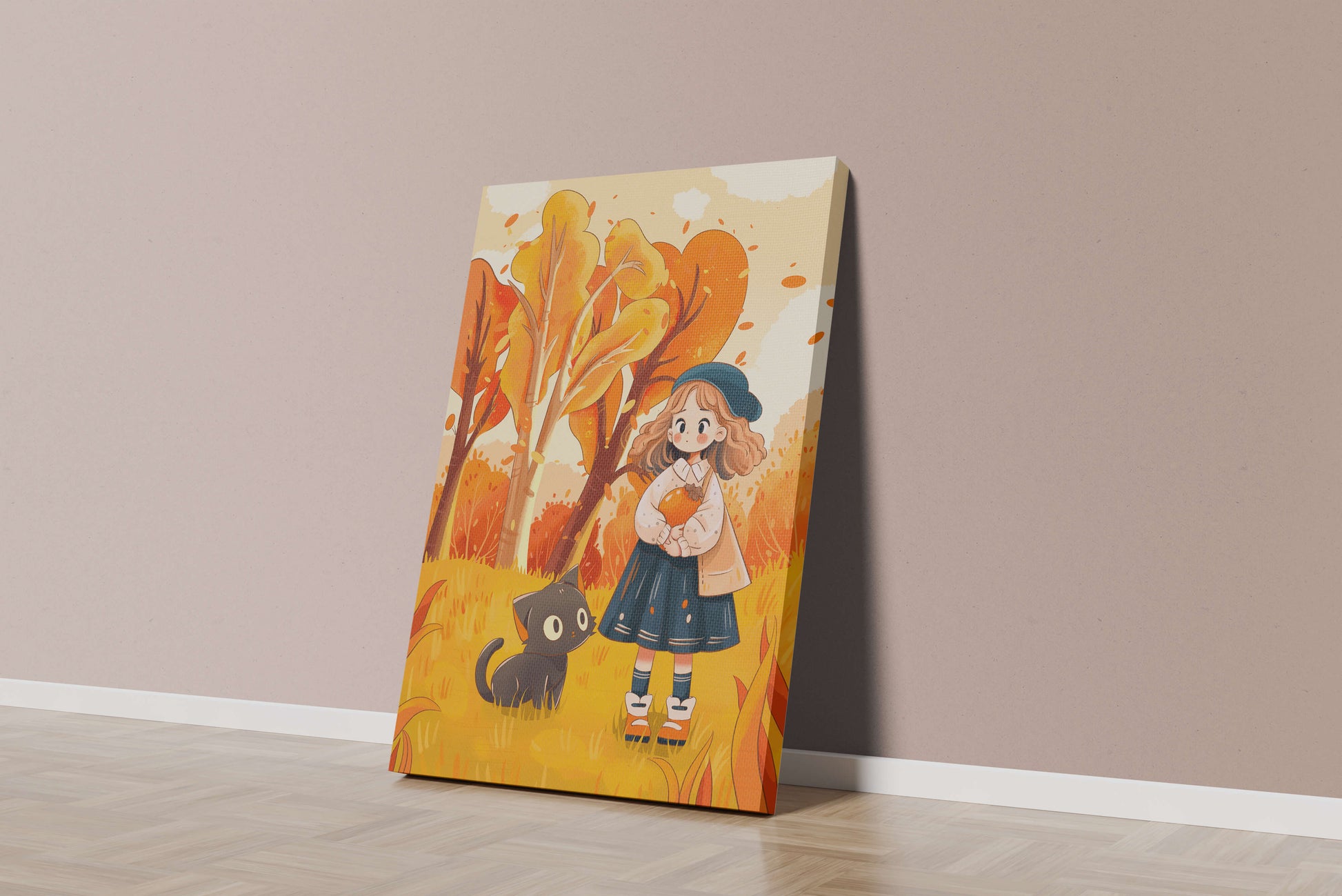 Girl with Cute Cat in Autumn Forest with Colorful Leaves