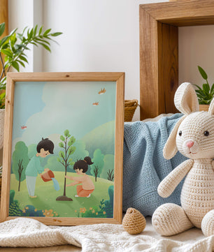 Kinder pflegen einen jungen Baum in einer üppig grünen Landschaft