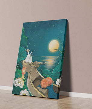 Ilustración serena de conejos contemplando una luna brillante sobre un lago tranquilo