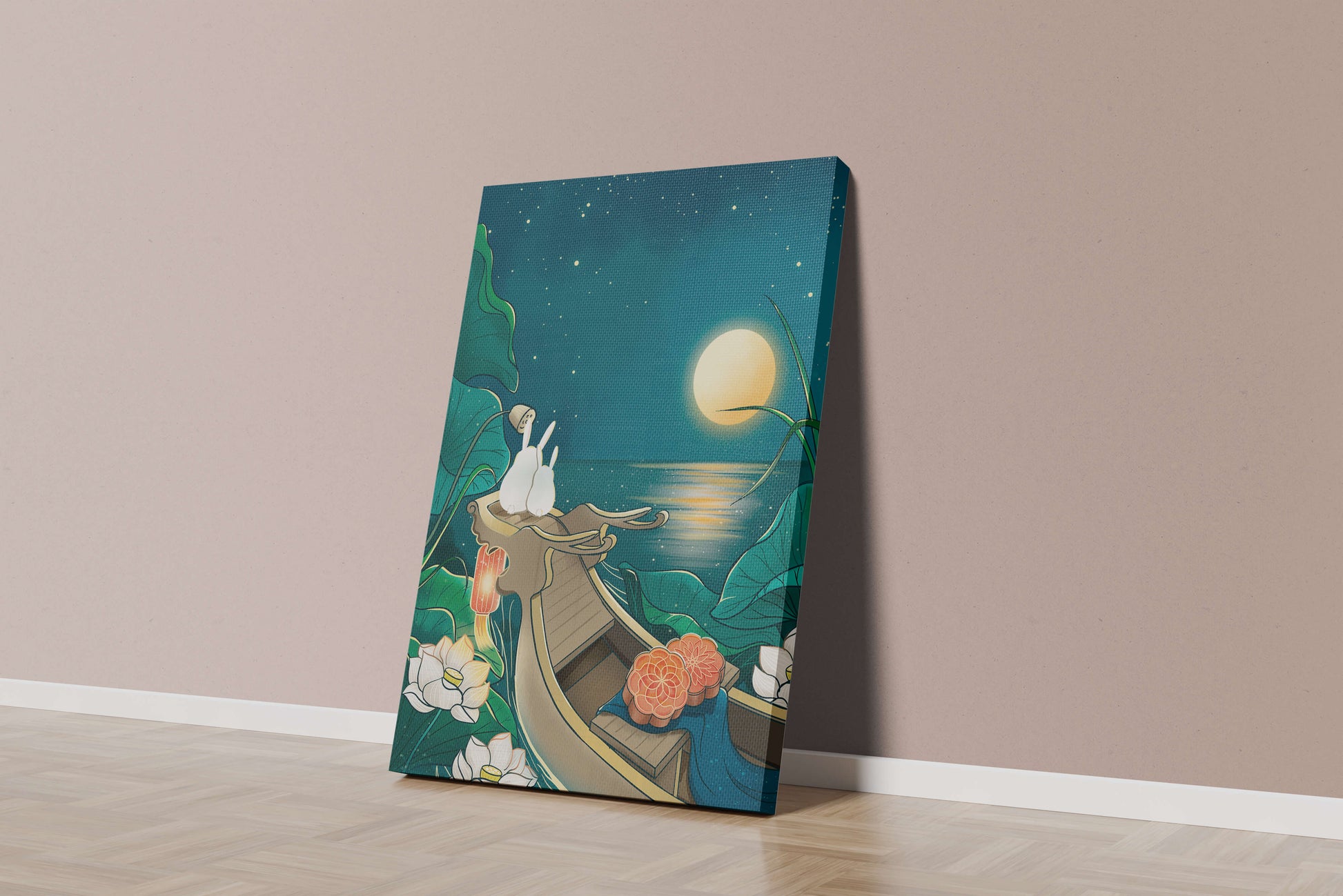 Serene illustration of rabbits gazing at a bright moon on a tranquil lake