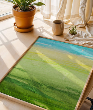 Paisaje abstracto con cielo azul y campos verdes