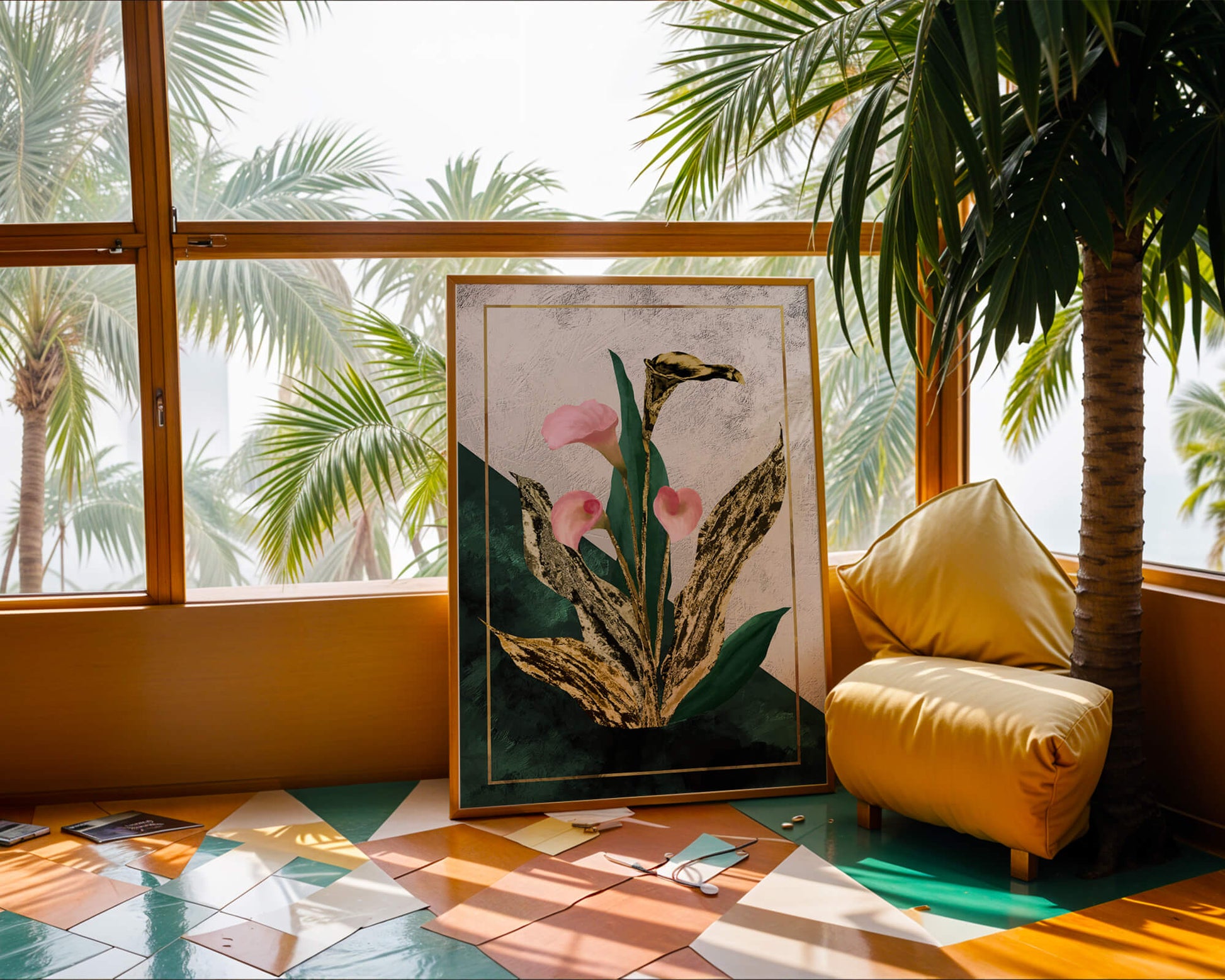 Abstrakte botanische Kunst mit rosa Calla-Lilien und goldenen Blättern
