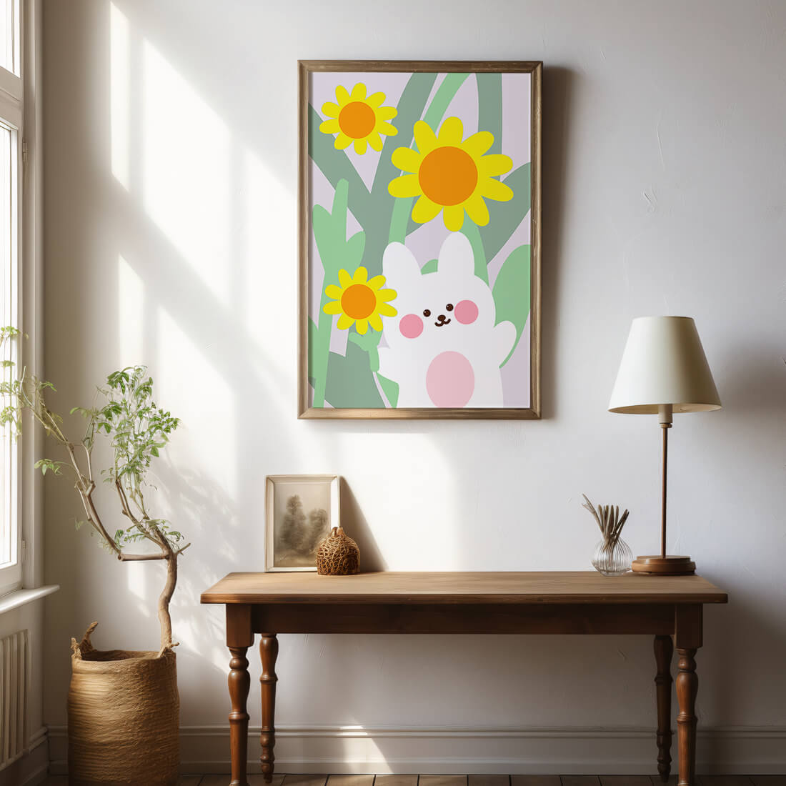 Adorable bunny with vibrant flowers cartoon illustration