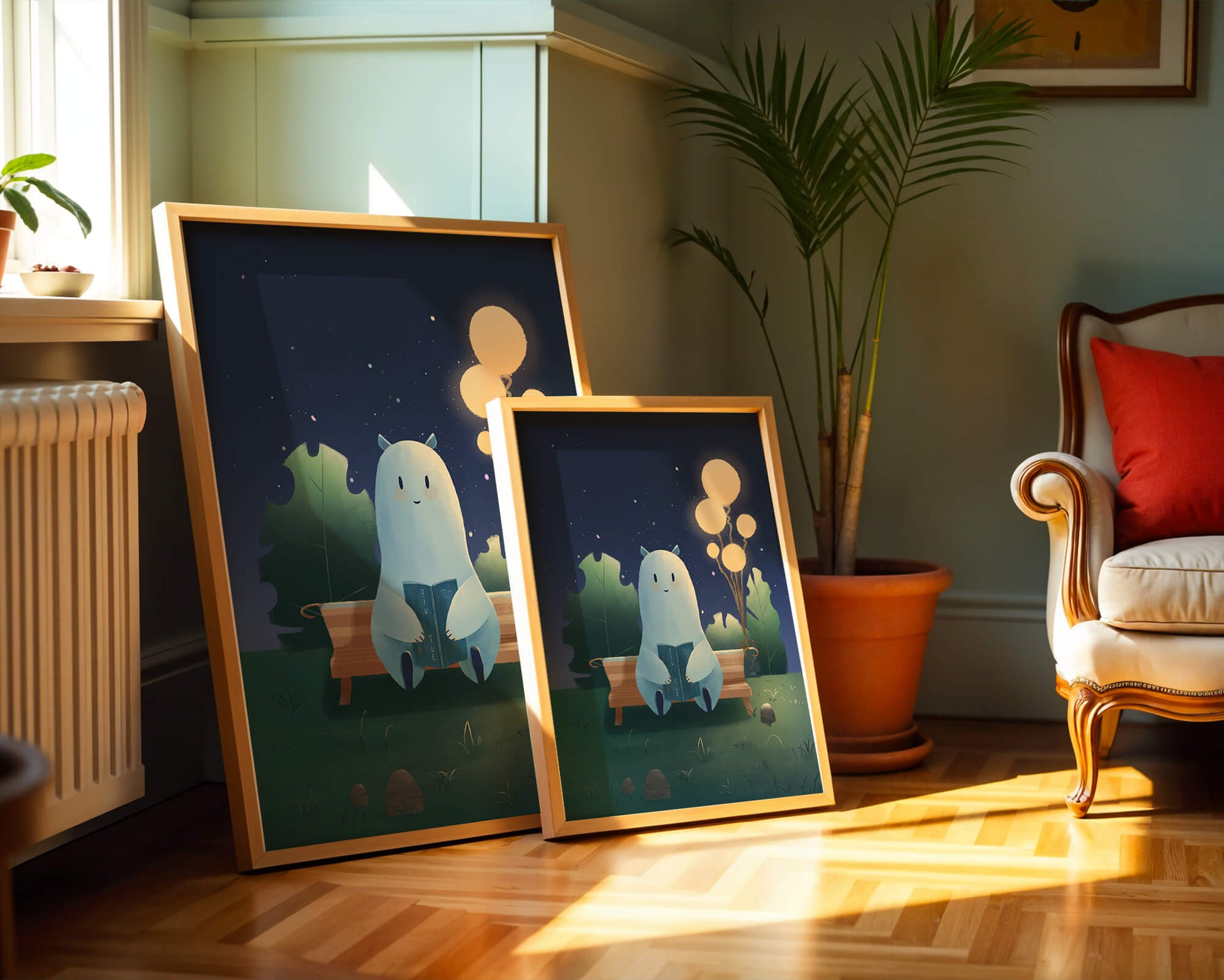 Cozy nighttime illustration with a creature reading under starry sky