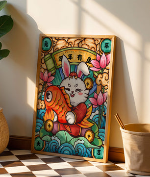 Festive rabbit holding golden fish with lotus flowers and waves in a traditional design