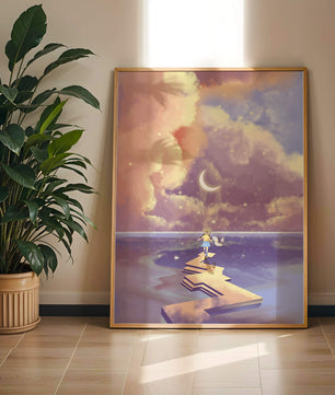 Whimsical journey on a dreamlike path beneath colorful clouds