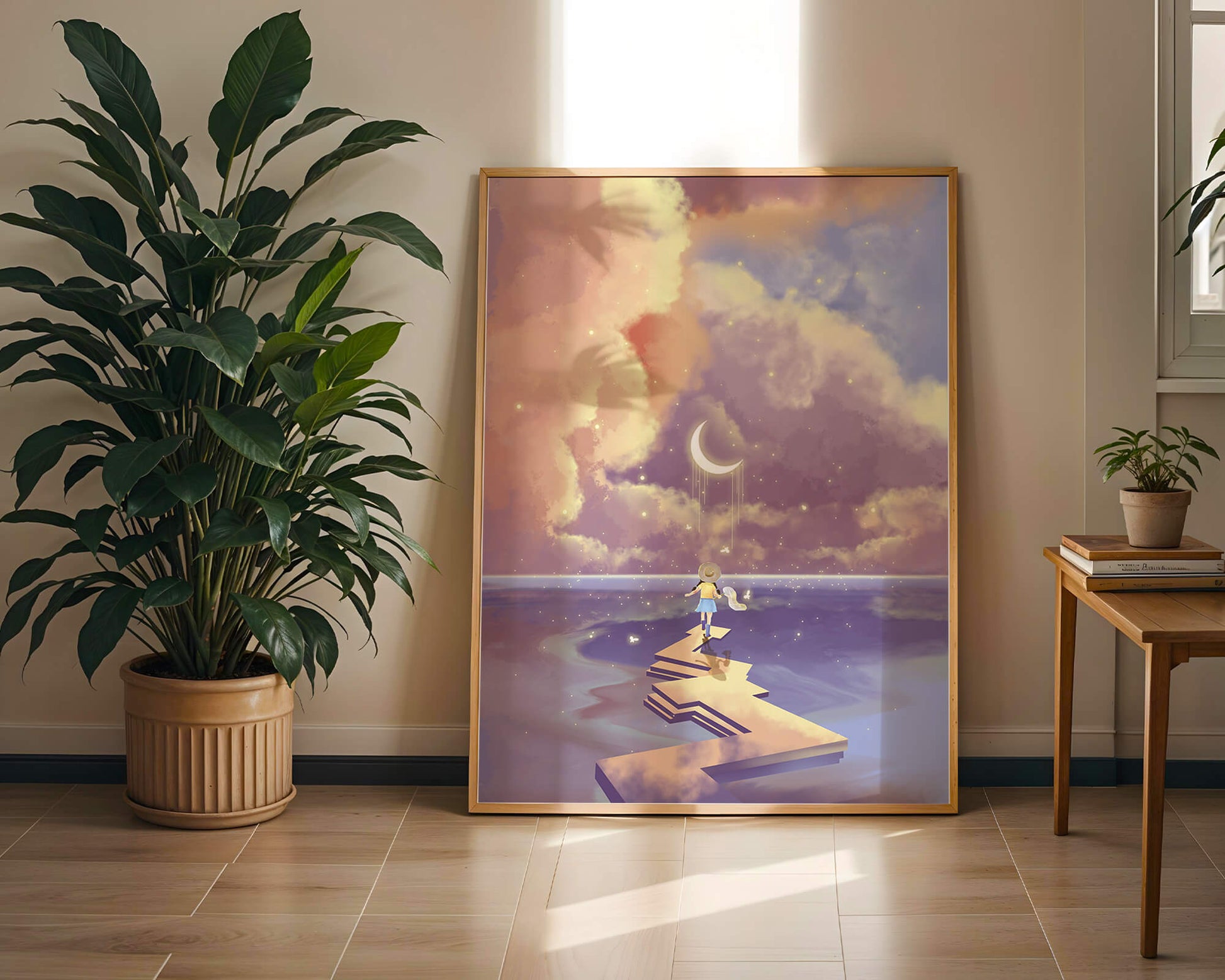 Whimsical journey on a dreamlike path beneath colorful clouds