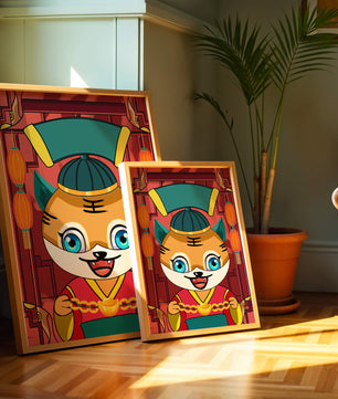 Tigre de dibujos animados colorido con linternas y elementos tradicionales