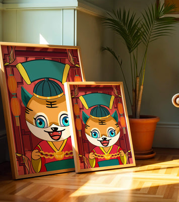 Colorful cartoon tiger with lanterns and traditional elements