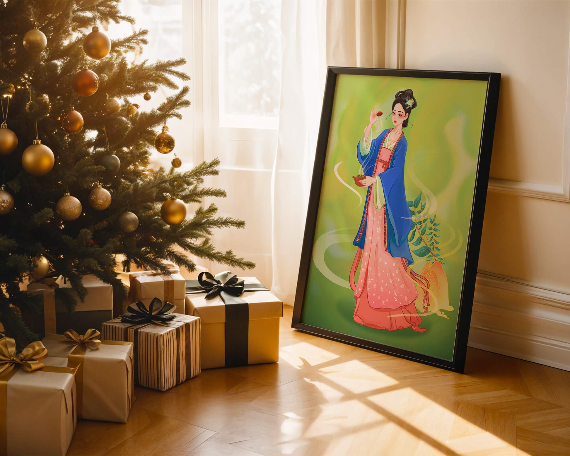 Diseño elegante de mujer en vestimenta tradicional del Este Asiático