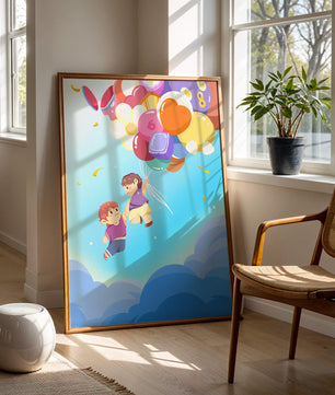 Ilustración caprichosa de niños en el cielo con globos de colores