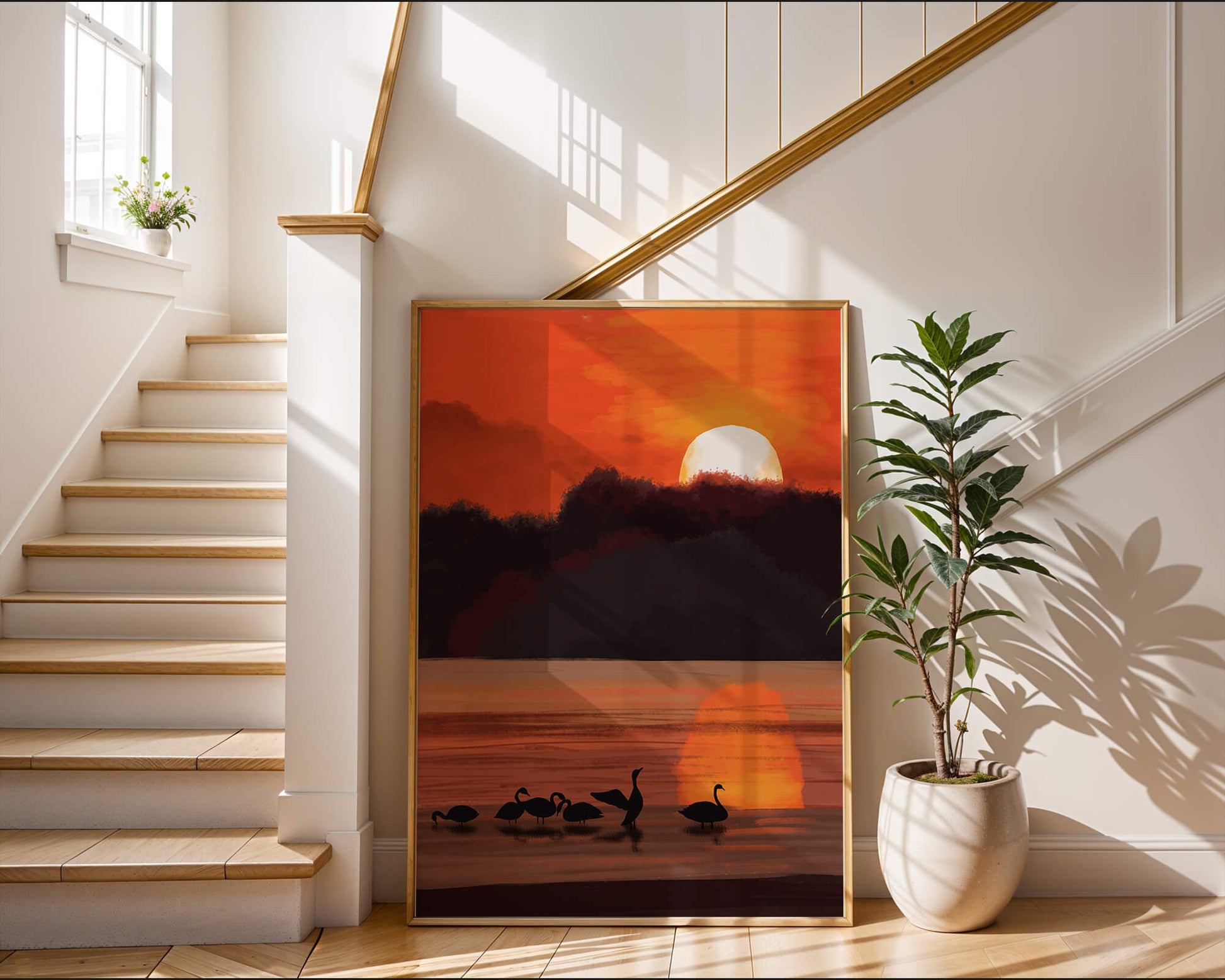 Serene sunset over a lake with silhouetted swans