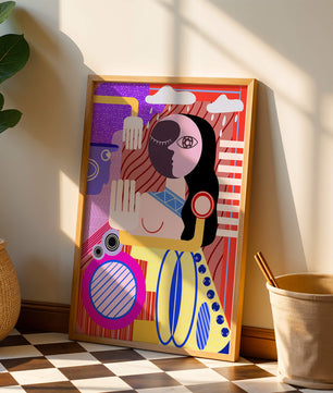 Abstrakte geometrische Kunst mit einer weiblichen Figur in leuchtenden Farben