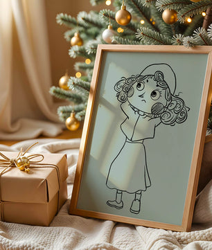 Hand-Drawn Illustration of a Thoughtful Cartoon Character with Curly Hair and a Beanie