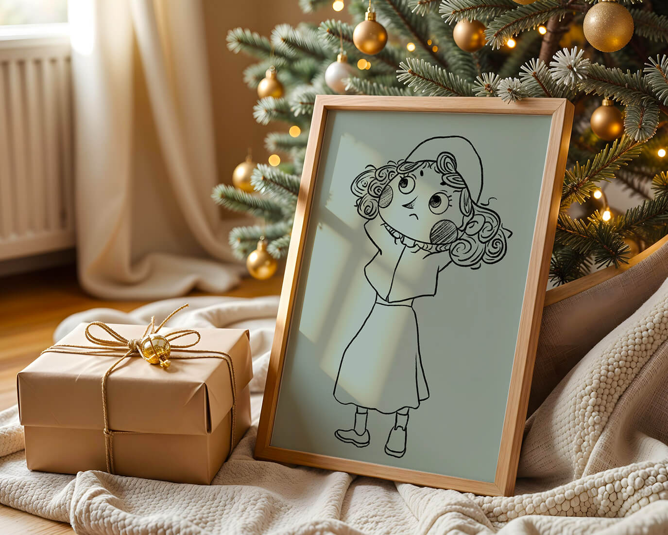 Ilustración a mano de un personaje de dibujos animados pensativo con cabello rizado y gorro