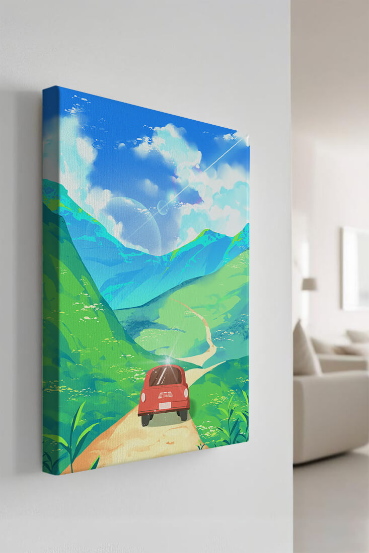 Red Car on a Scenic Road Through Green Hills Under a Vibrant Blue Sky