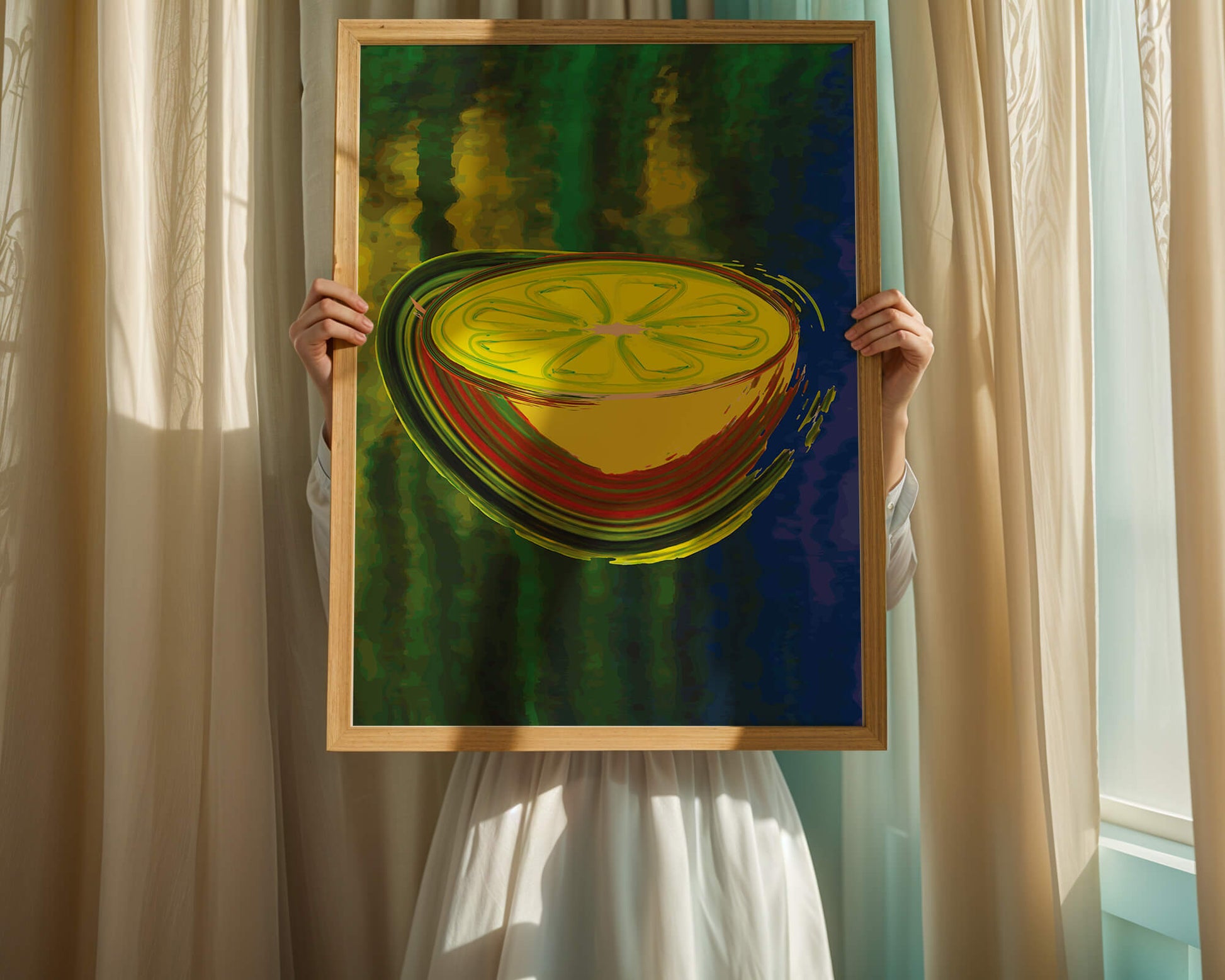Vibrant abstract lemon slice with a colorful background