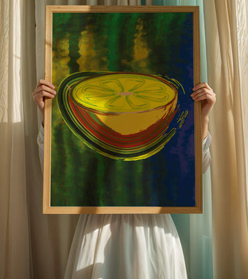 Vibrant abstract lemon slice with a colorful background