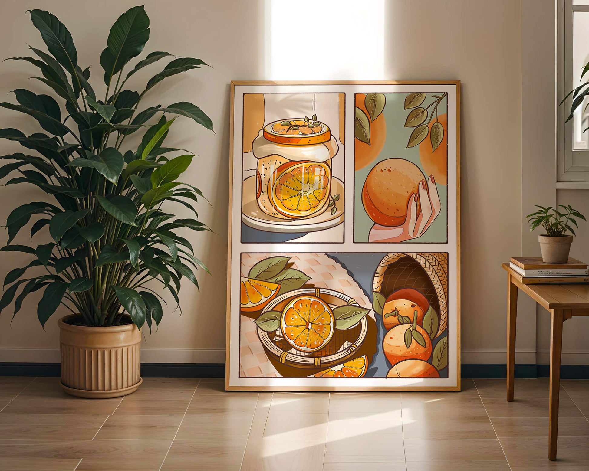 Ilustración colorida de naranjas y conservas con canasta