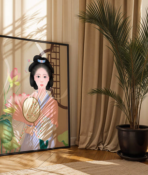 Elegant traditional Asian woman in pastel attire with floral background