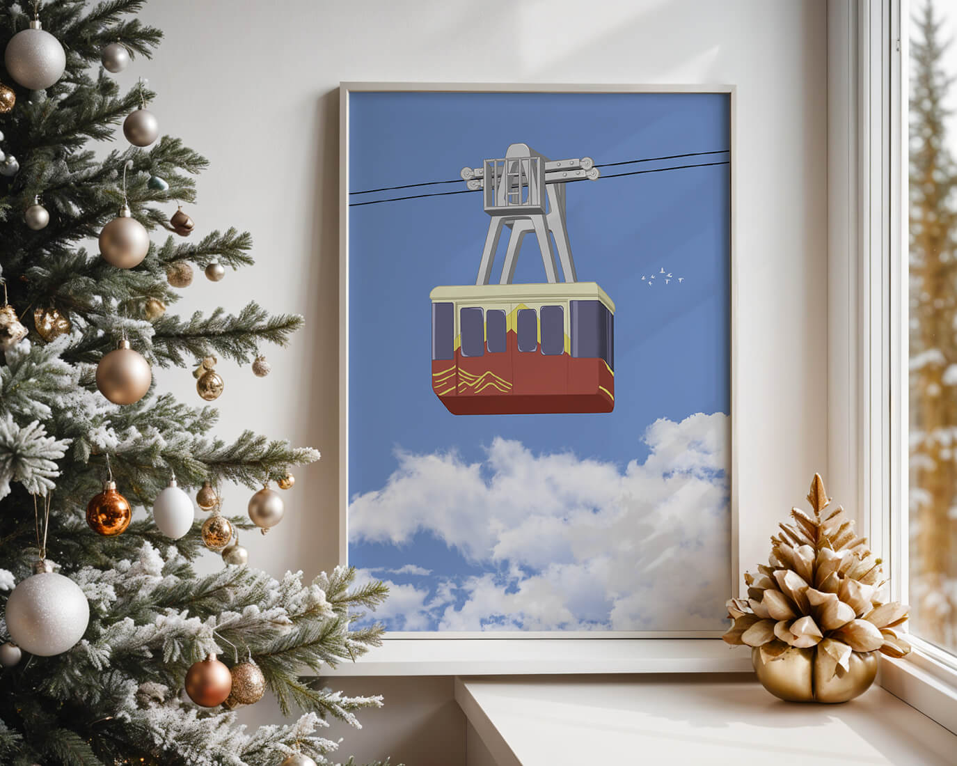 Colorful cable car against a clear blue sky