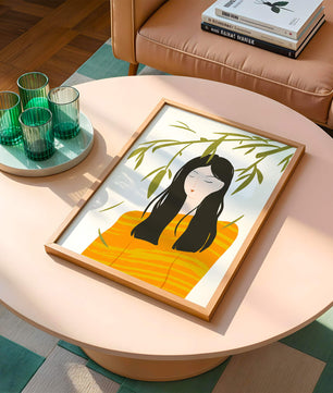 Illustration d'une femme en pull orange avec un fond de feuillage
