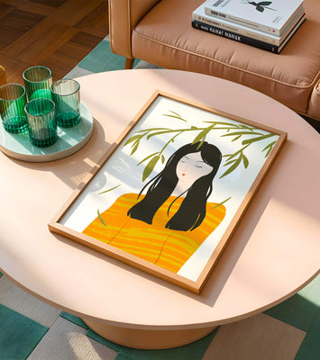Woman in orange sweater with foliage backdrop illustration