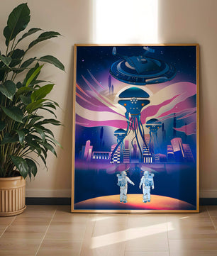 Futuristic Space City With Alien Creatures and Astronauts