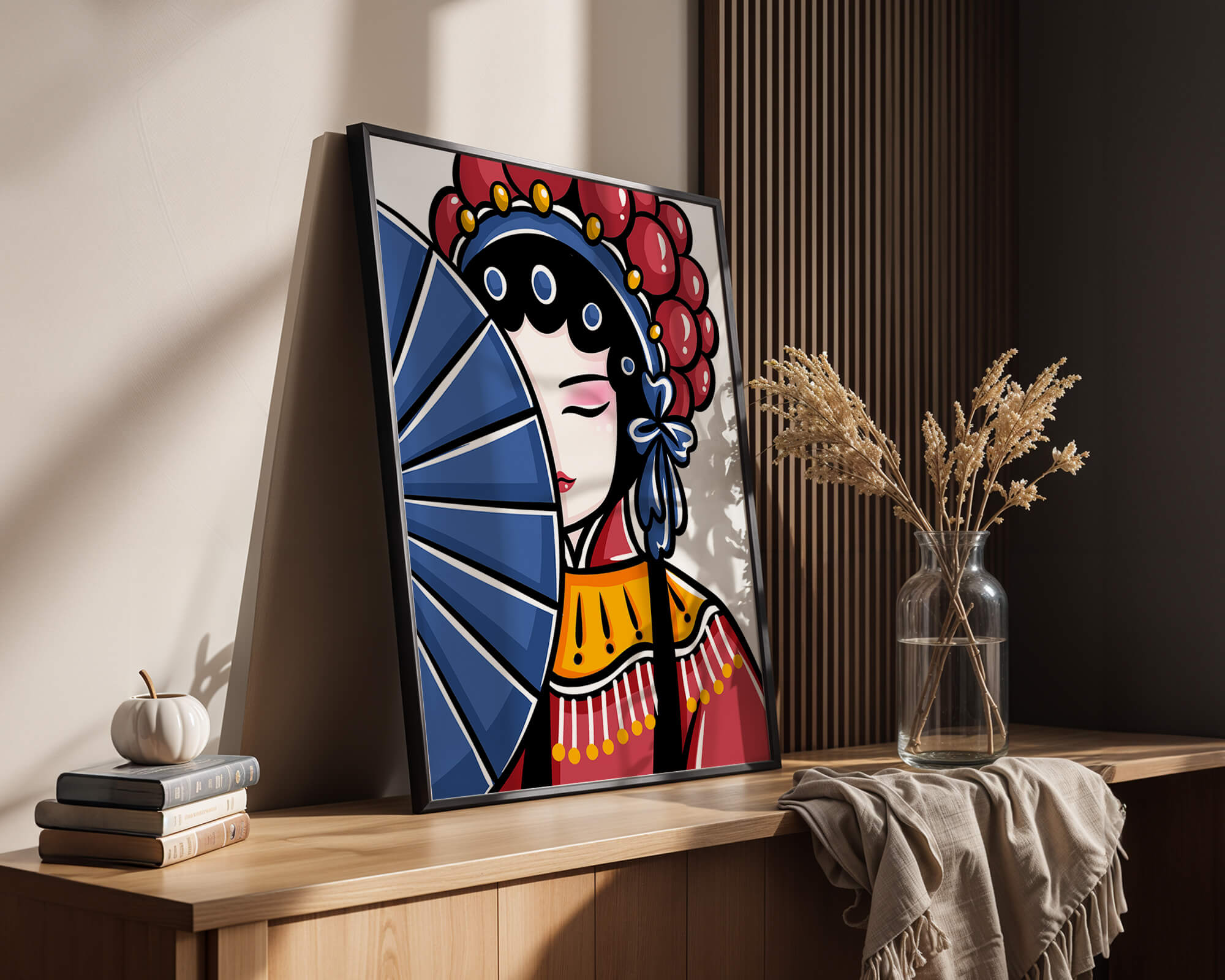 Traditional Asian opera character with fan and decorative headpiece