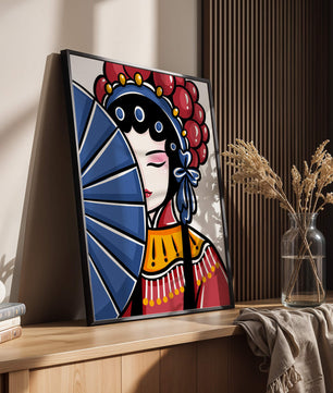 Traditional Asian opera character with fan and decorative headpiece