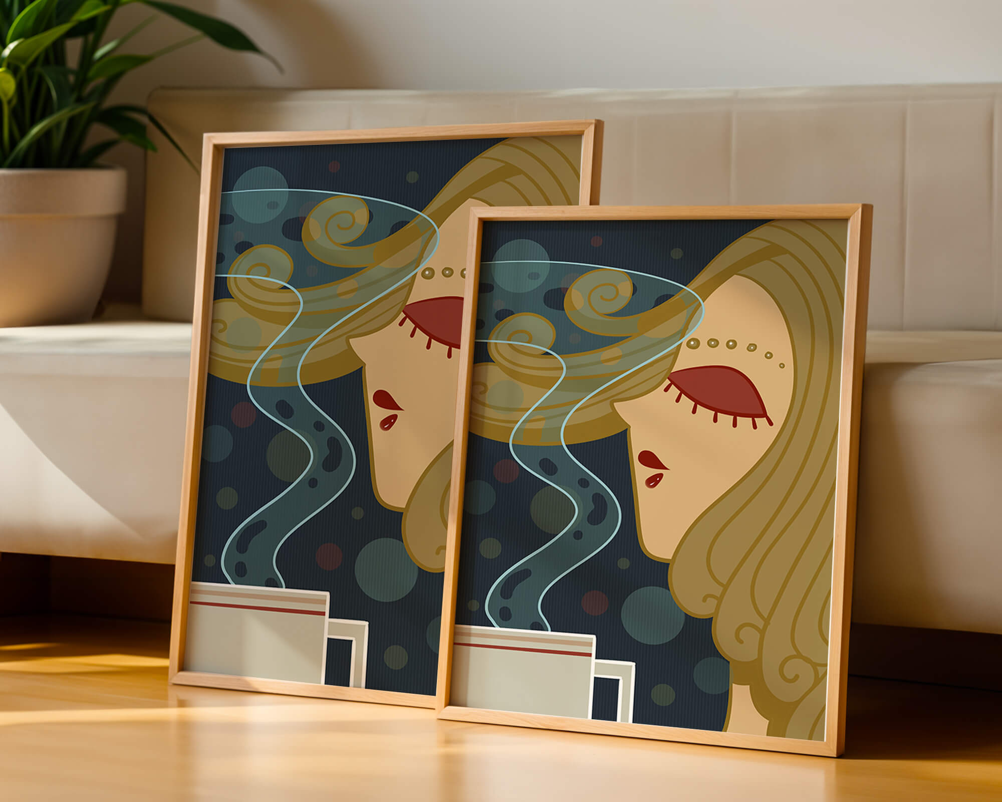 Stylized portrait of a woman with flowing hair and steaming coffee