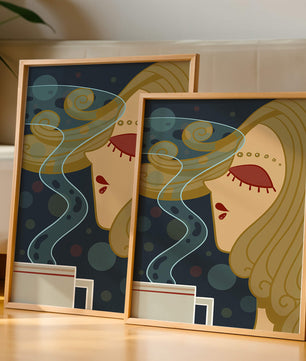 Stylized portrait of a woman with flowing hair and steaming coffee