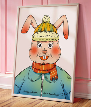 Whimsical cartoon bunny in winter attire with a striped scarf and beanie hat