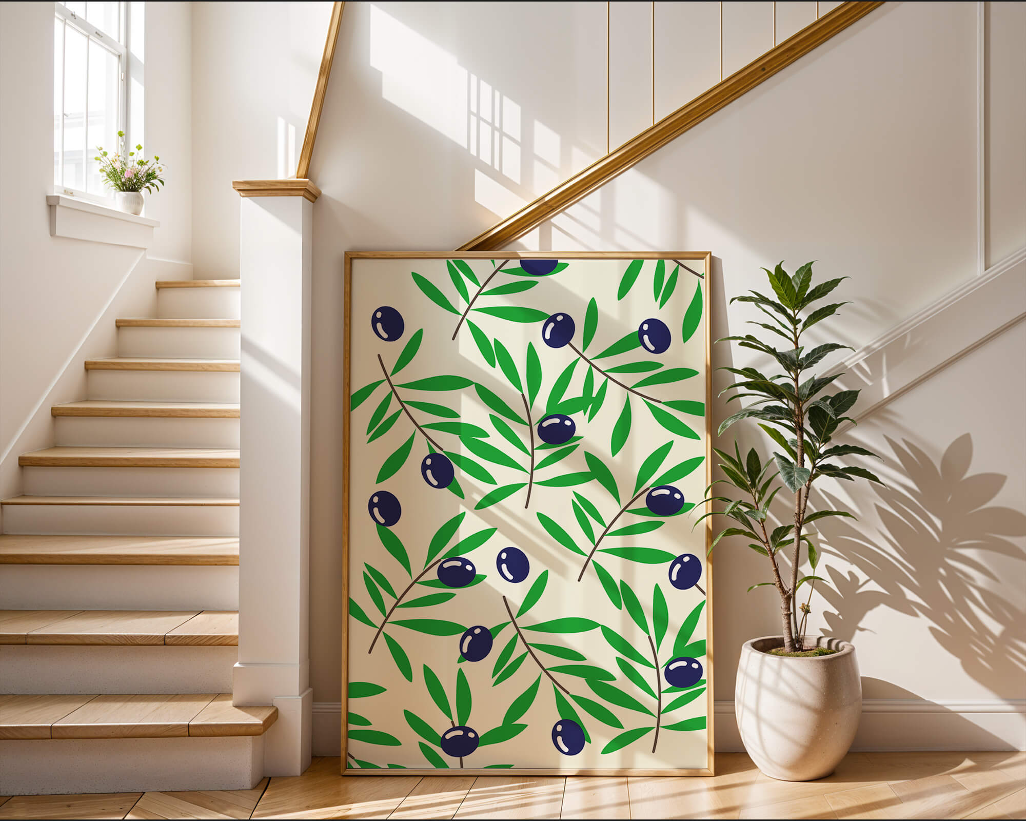 Olive branch pattern with green leaves and blue olives