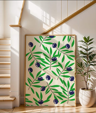 Olive branch pattern with green leaves and blue olives