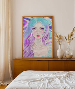 Fantasy portrait of a woman with pastel hair and vibrant features