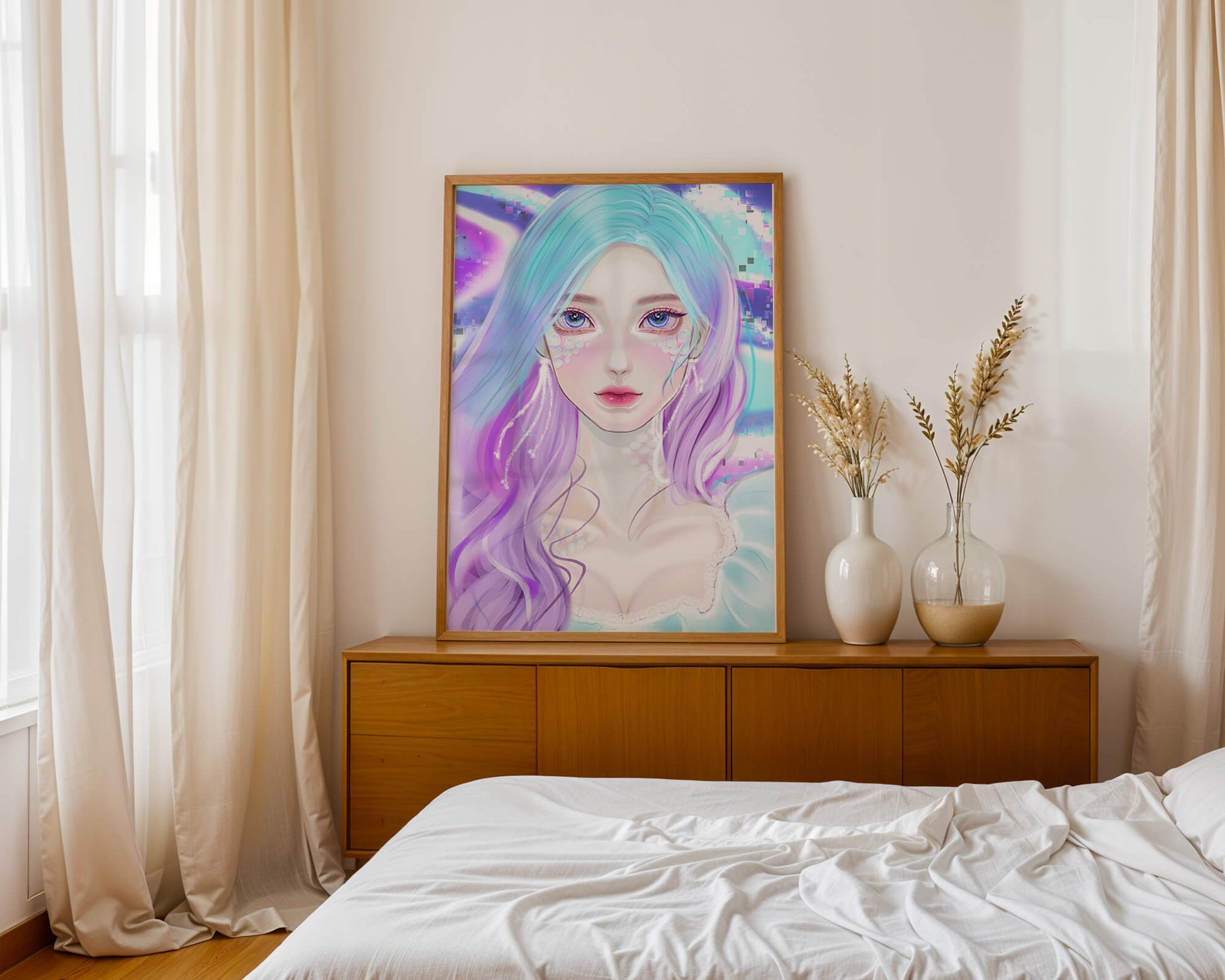 Fantasy portrait of a woman with pastel hair and vibrant features