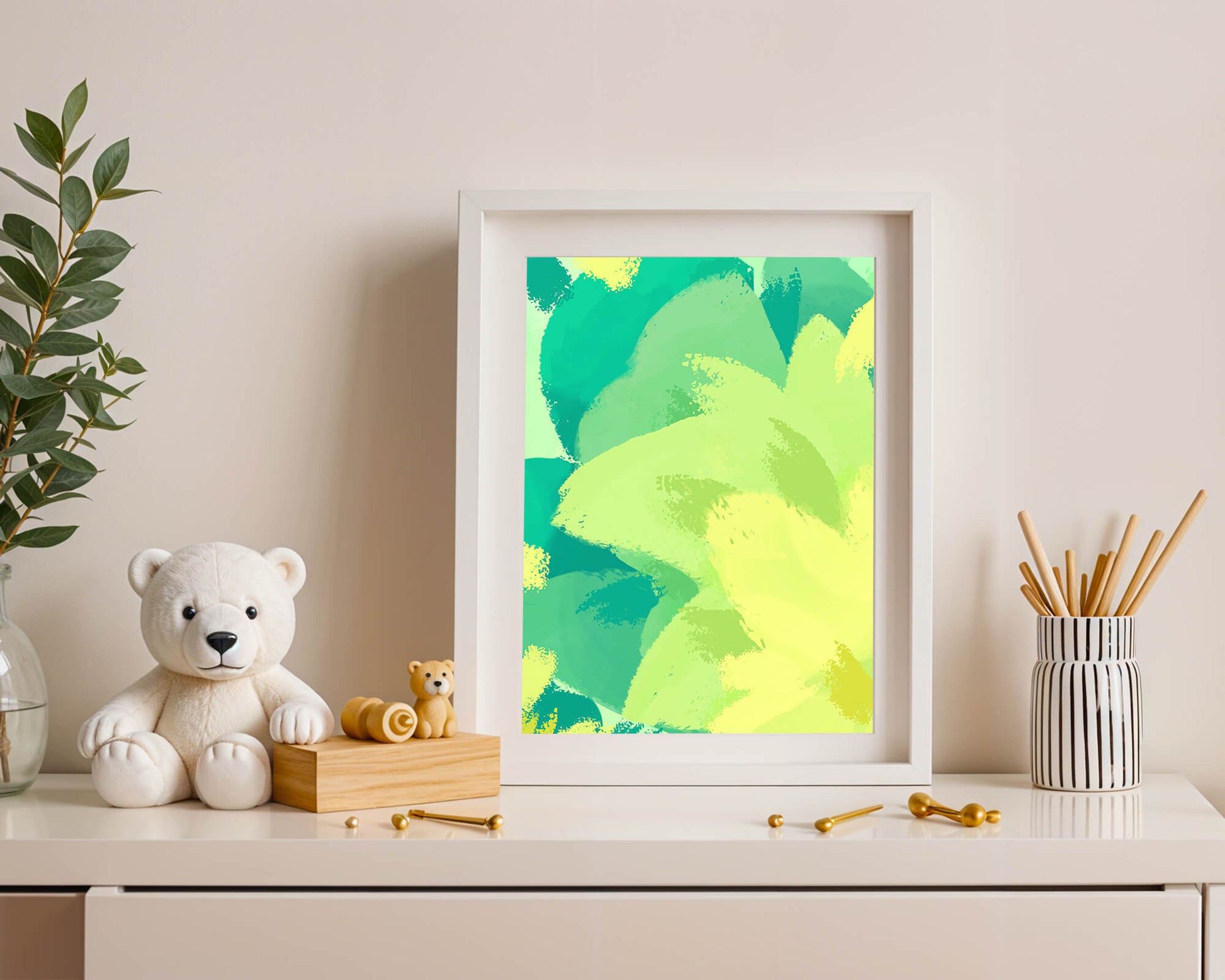 Abstract green and yellow brushstroke painting