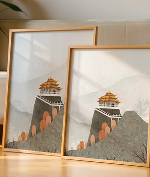 Serene landscape with traditional pagoda and autumn trees