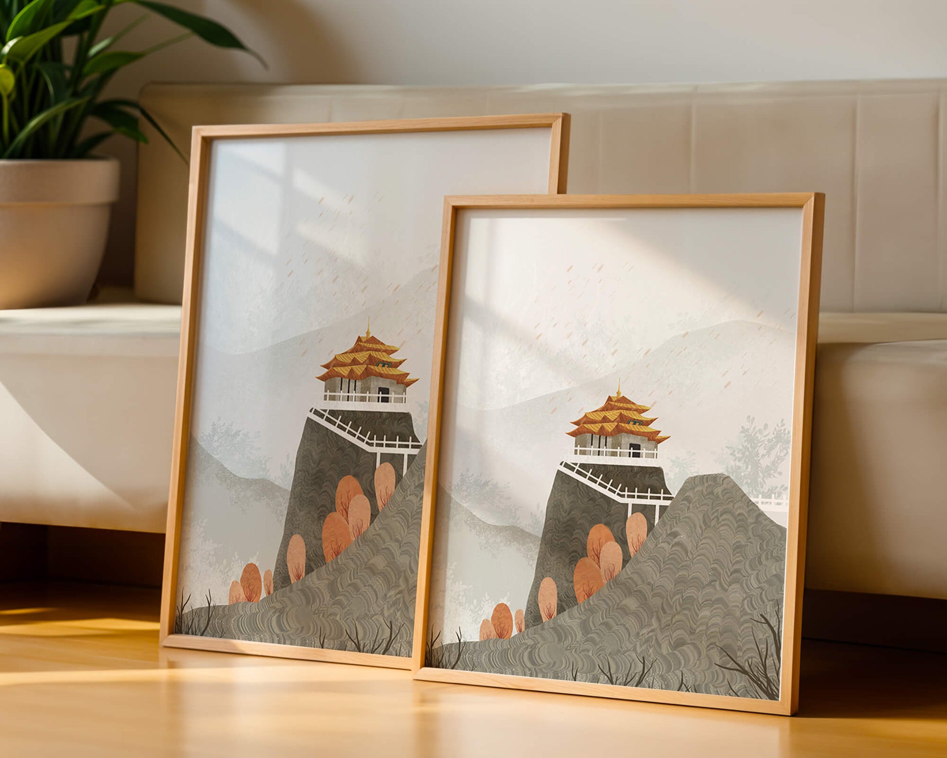 Serene landscape with traditional pagoda and autumn trees