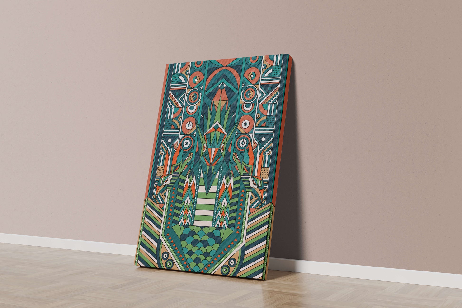 Art Deco Inspired Abstract Geometric Design with Symmetrical Patterns and Animal Motif