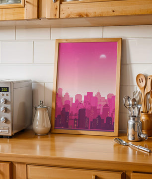 Skyline urbano al anochecer con degradado rosa y noria