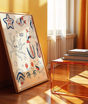 Colorful marine life illustration featuring sea creatures on a dark background