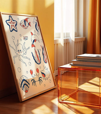 Colorful marine life illustration featuring sea creatures on a dark background