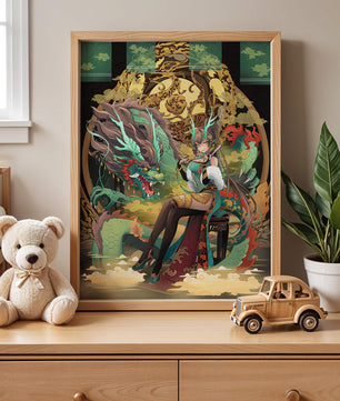 Art fantastique élégant d'une femme avec un dragon majestueux et des éléments dorés