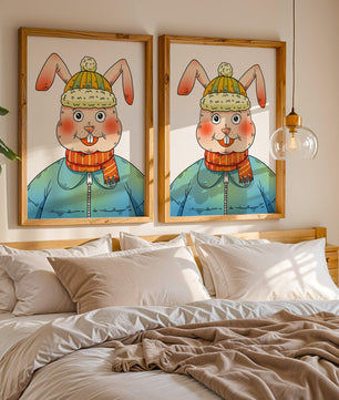 Charmantes Cartoon-Häschen mit Winteroutfit und verspieltem Ausdruck